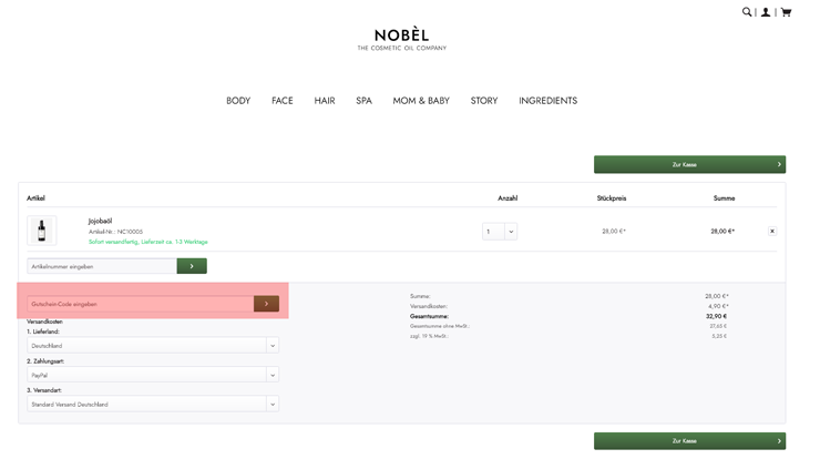 wie ist ein Nobel Cosmetics Gutscheincode einzulösen