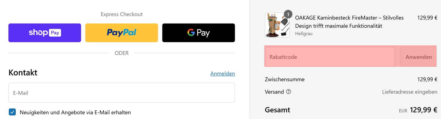 wie ist ein Oakage Gutscheincode einzulösen