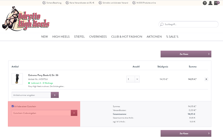 wie ist ein Odretto Highheels Gutscheincode einzulösen
