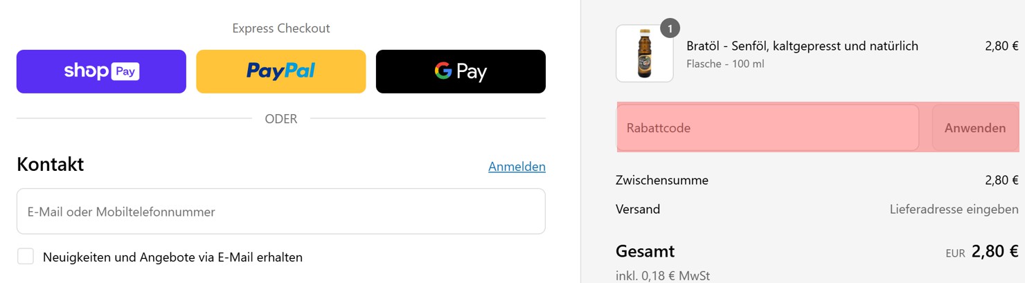 wie ist ein Ölmühle Garting Gutscheincode einzulösen