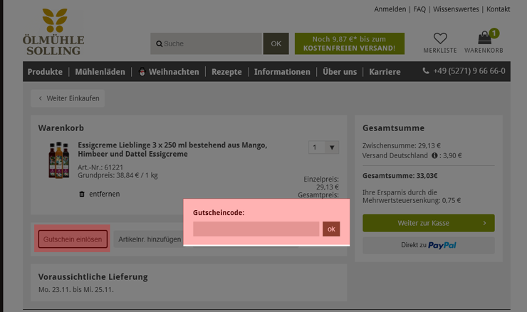 wie ist ein Oelmuehle Solling  Gutscheincode einzulösen