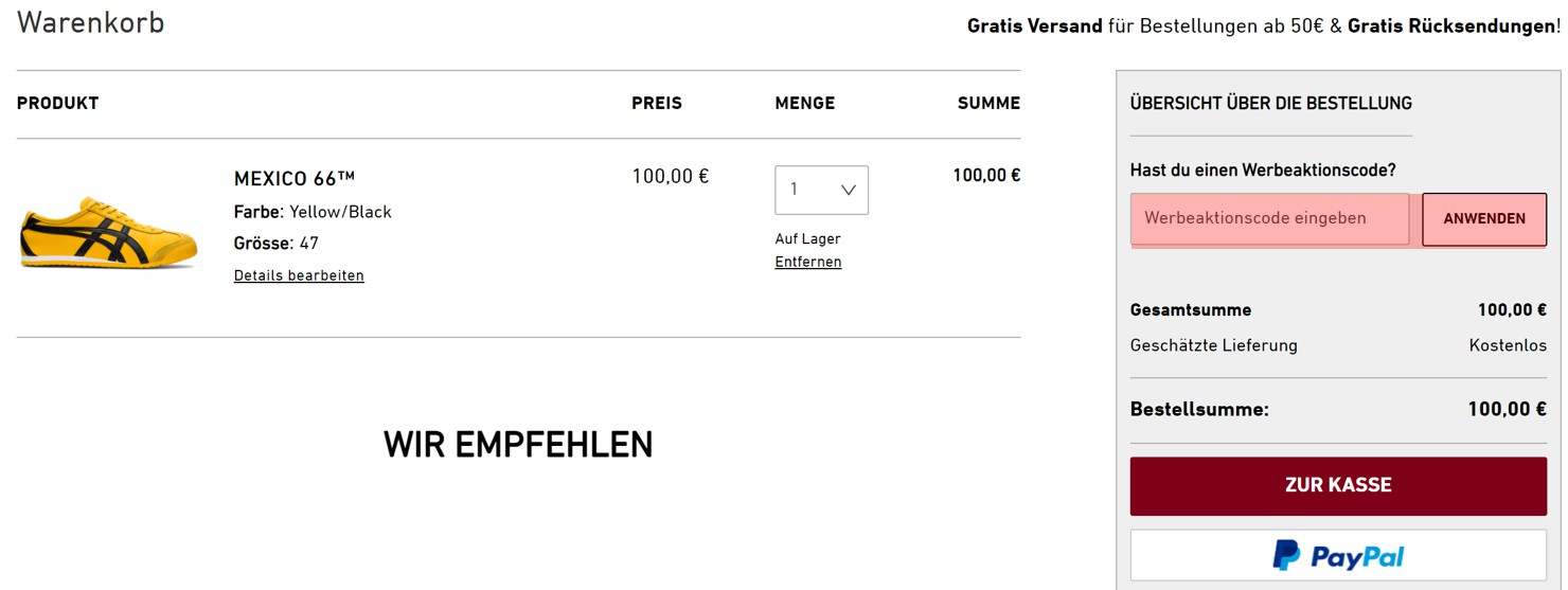 wie ist ein Onitsuka Tiger Gutscheincode einzulösen