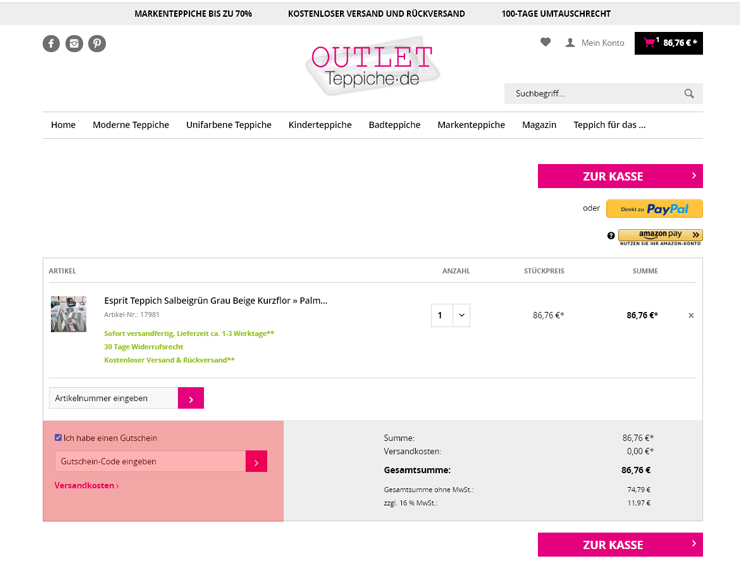 wie ist ein Outlet Teppiche Gutscheincode einzulösen