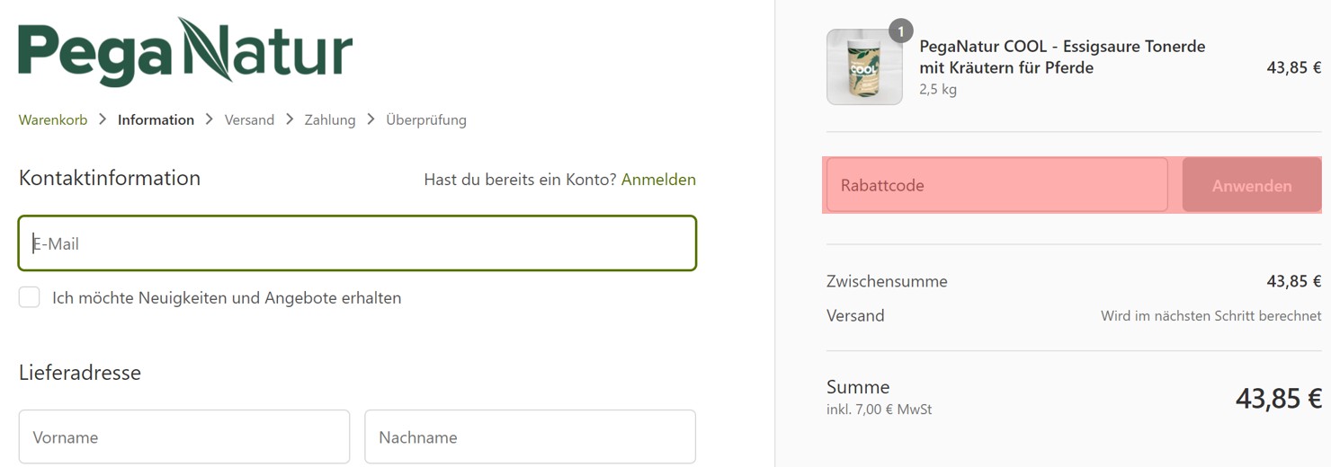 wie ist ein PegaNatur Gutscheincode einzulösen