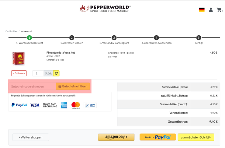 wie ist ein Pepperworld Hotshop Gutscheincode einzulösen