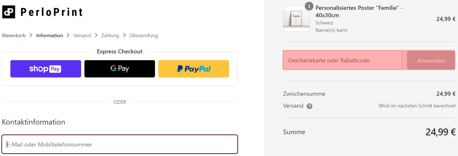 wie ist ein Perloprint Gutscheincode einzulösen