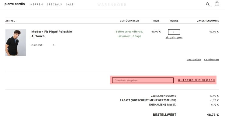 wie ist ein Pierre Cardin Gutscheincode einzulösen