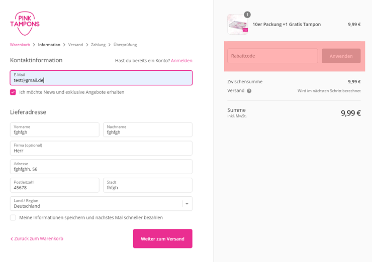 wie ist ein pinktampons Gutscheincode einzulösen