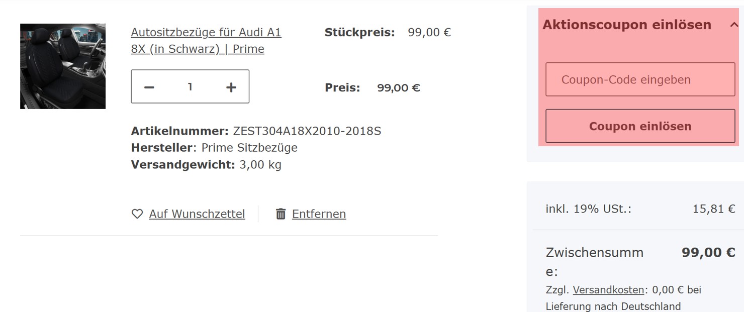 wie ist ein Prime Sitzbezüge Gutscheincode einzulösen