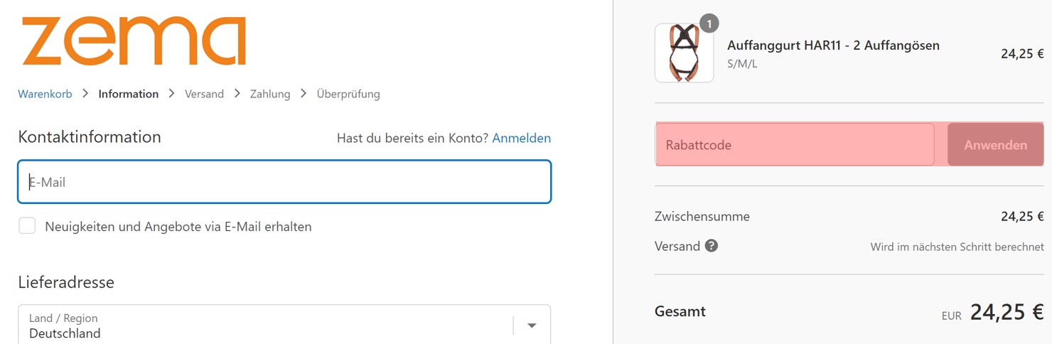 wie ist ein Zema Arbeitsschutz Gutscheincode einzulösen