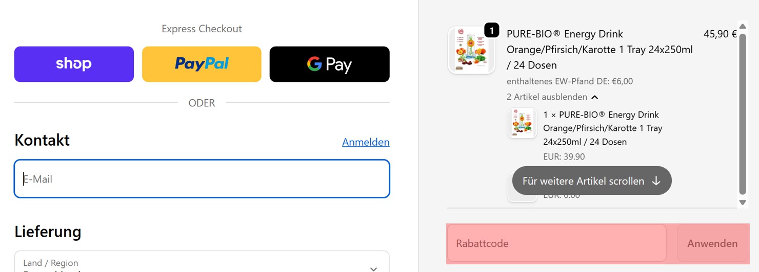 wie ist ein PURE BIO Energy Gutscheincode einzulösen