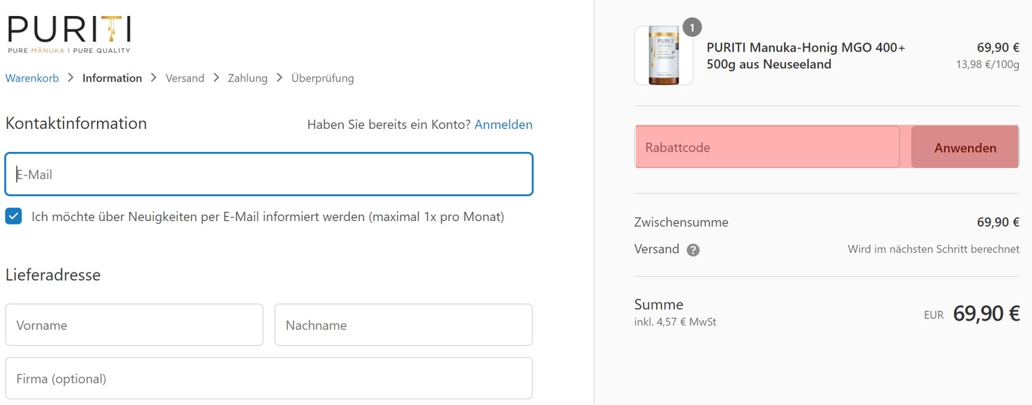 wie ist ein Puriti Gutscheincode einzulösen