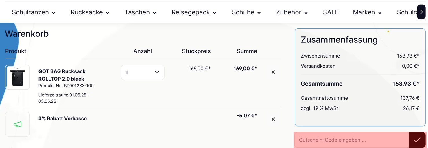 wie ist ein Ranzenmaxx Gutscheincode einzulösen