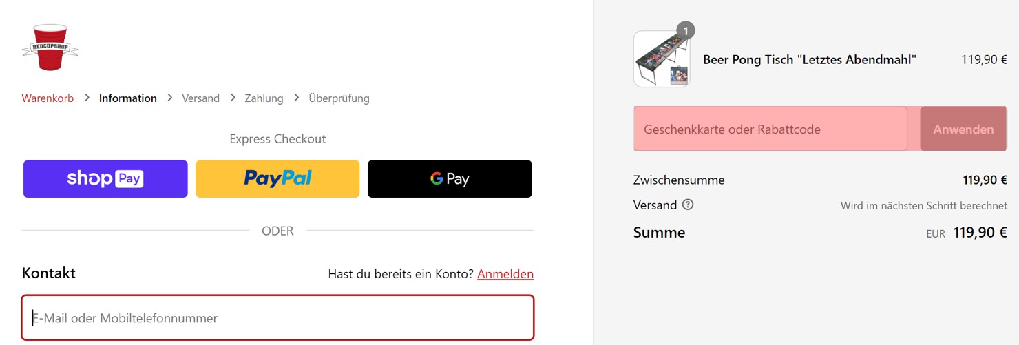 wie ist ein RedCupShop Gutscheincode einzulösen