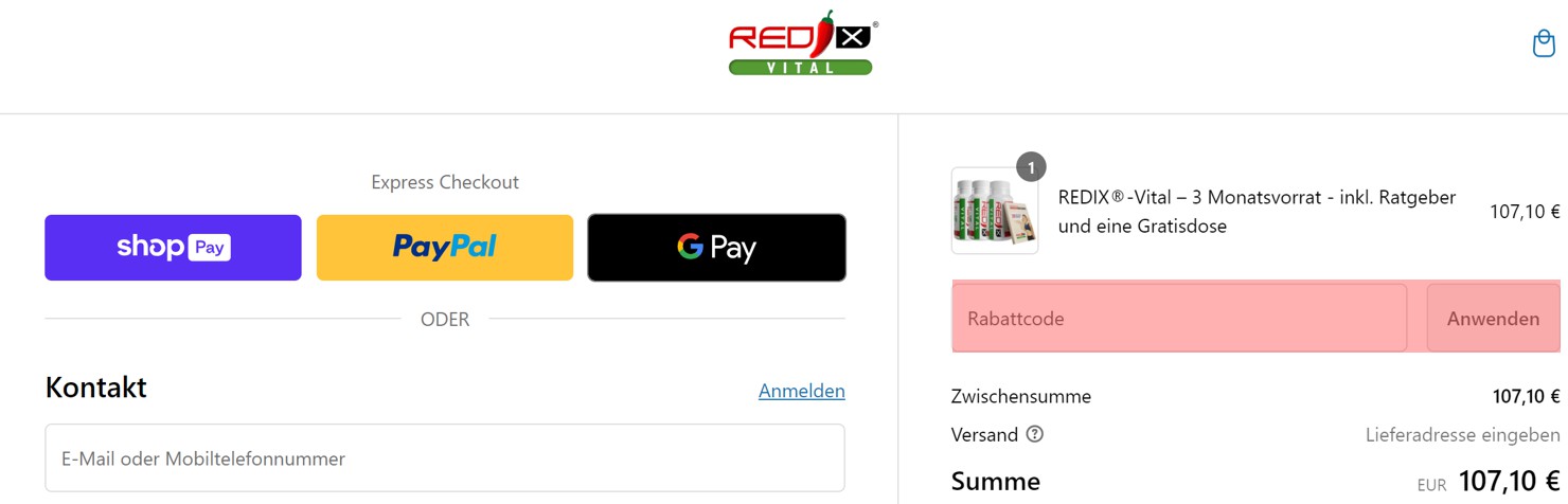 wie ist ein Redix-Vital  Gutscheincode einzulösen