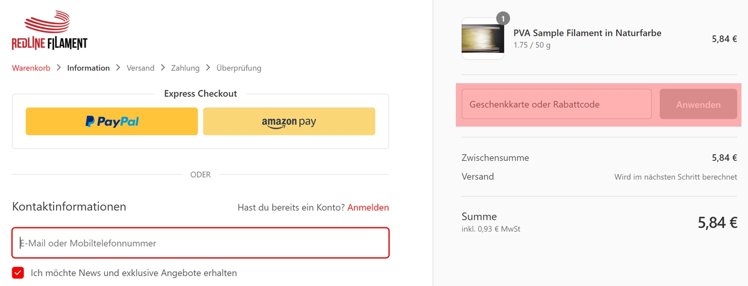 wie ist ein redline filament Gutscheincode einzulösen