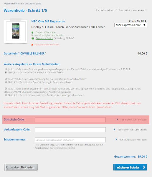 wo muss ein repairmyphone.de Gutscheincode eingeloest werden