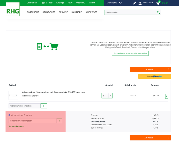 wie ist ein RHG  Gutscheincode einzulösen