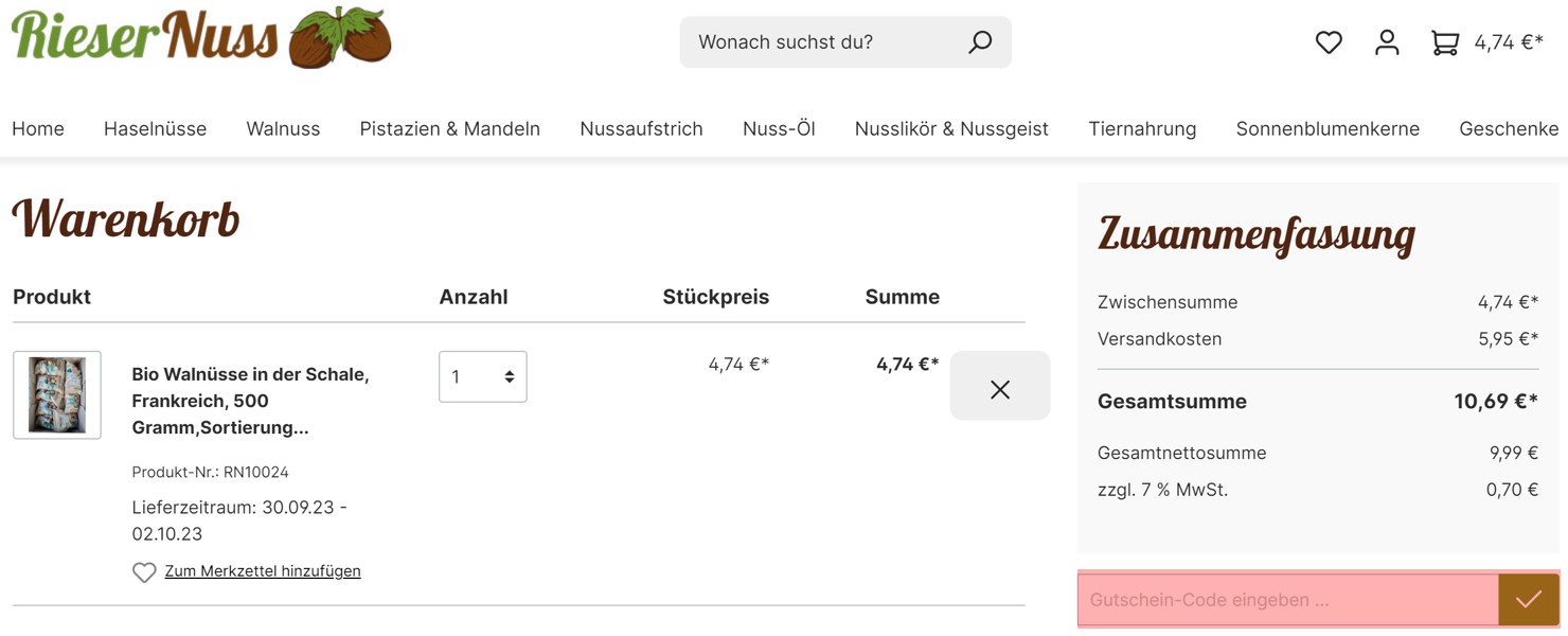 wie ist ein Rieser Nuss Gutscheincode einzulösen