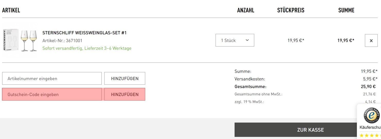 wie ist ein Ritzenhoff Gutscheincode einzulösen