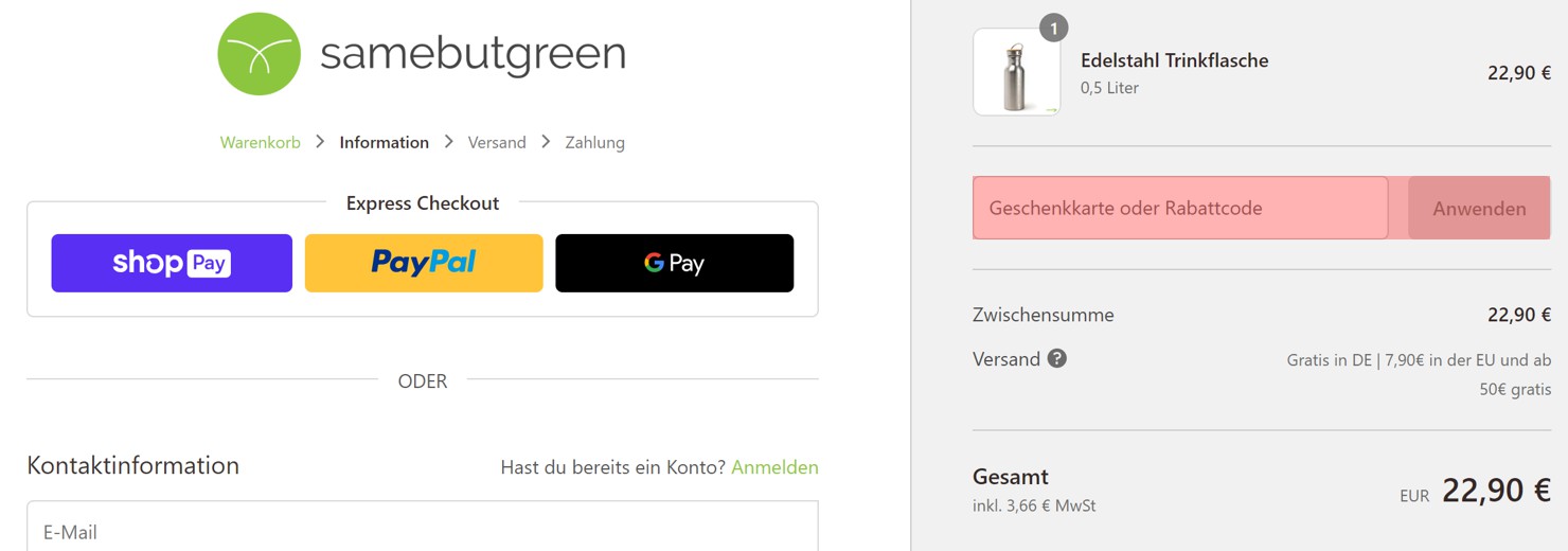 wie ist ein Samebutgreen Gutscheincode einzulösen