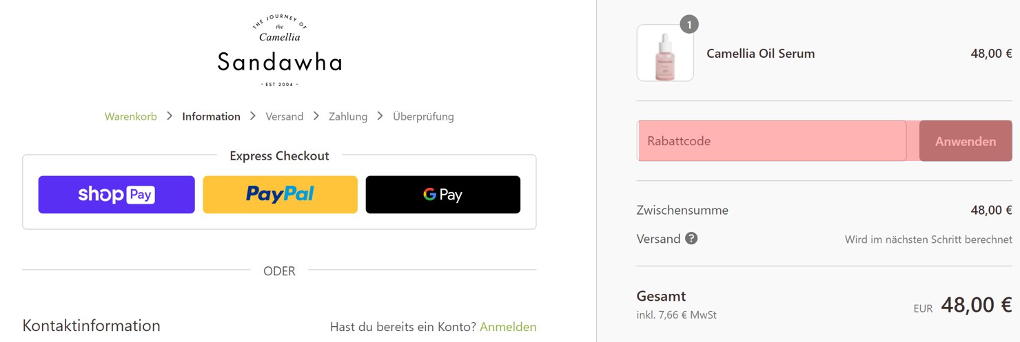 wie ist ein Sandawha Skincare Gutscheincode einzulösen