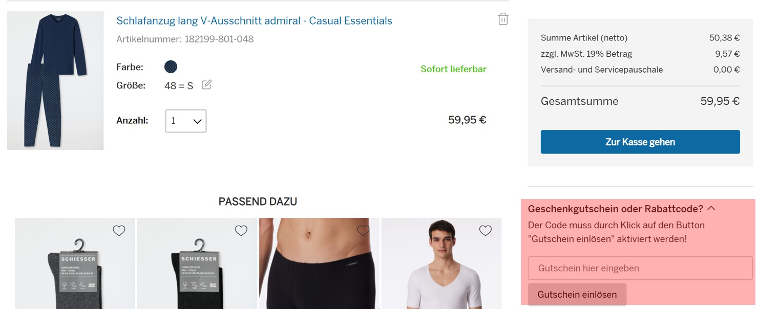 wie ist ein SCHIESSER Gutscheincode einzulösen