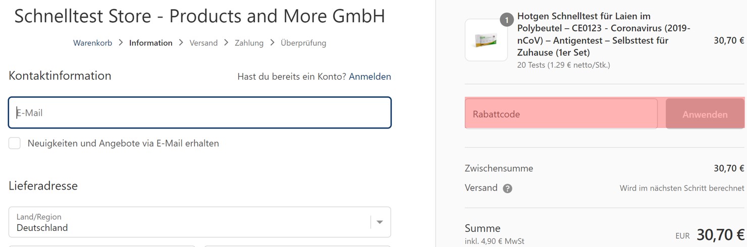 wie ist ein Schnelltest Store Gutscheincode einzulösen