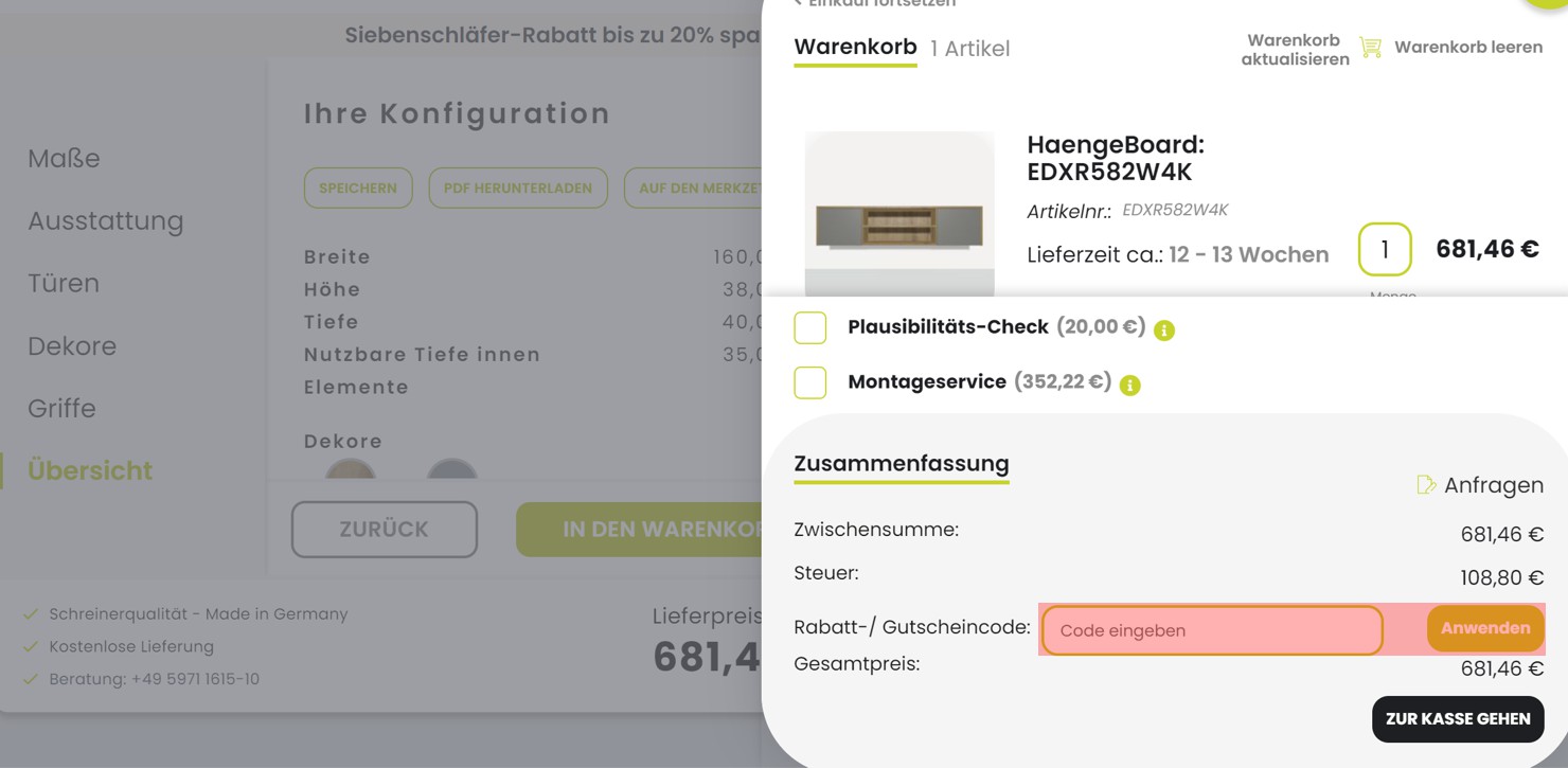 wie ist ein Schrankwerk Gutscheincode einzulösen