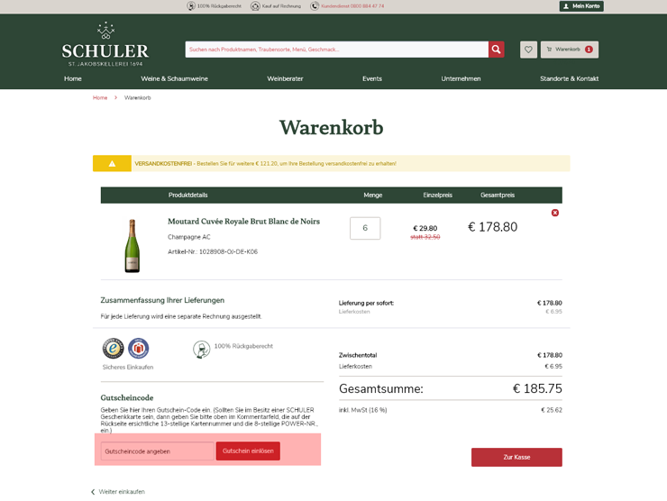 wie ist ein Schuler Weine Gutscheincode einzulösen