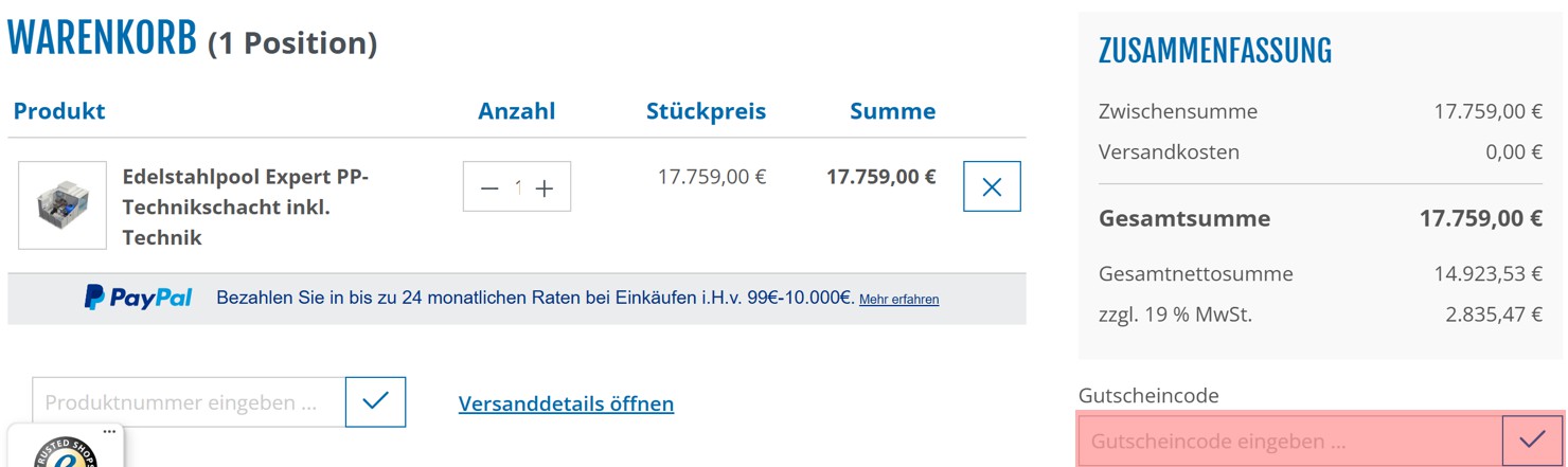 wie ist ein FKB Schwimmbadtechnik Gutscheincode einzulösen