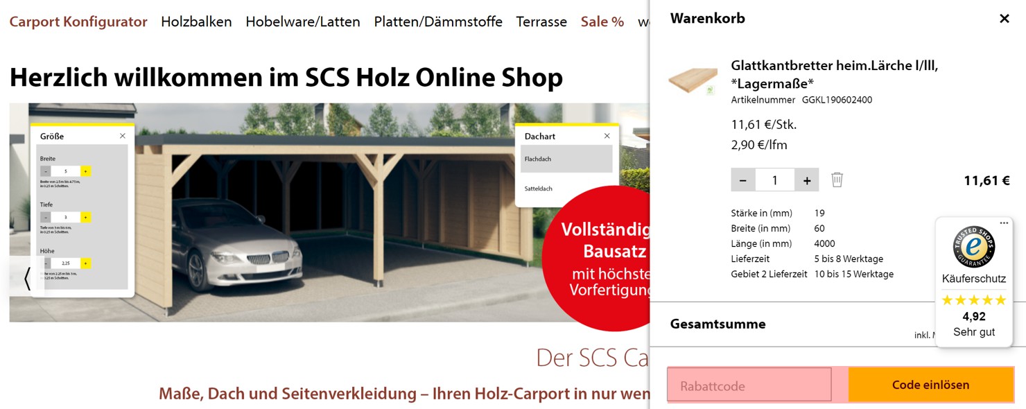 wie ist ein SCS Holzshop Gutscheincode einzulösen