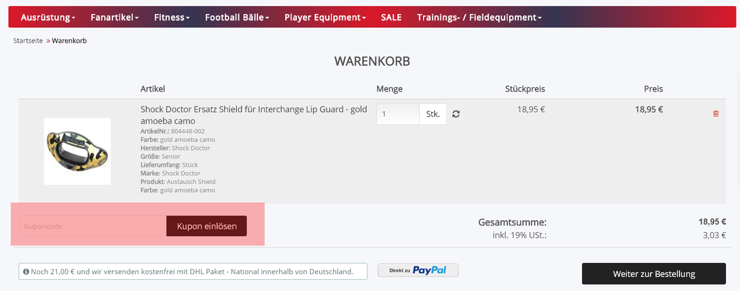 wie ist ein Shop.American-Football.com Gutscheincode einzulösen