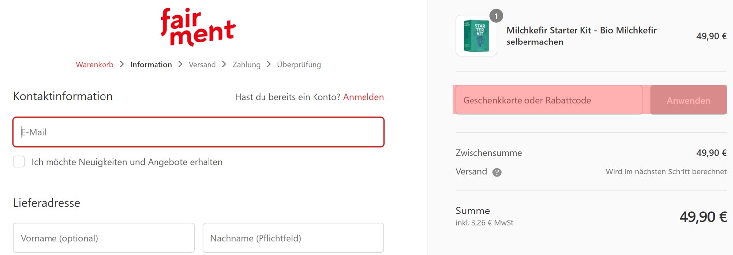 wie ist ein Fairment Gutscheincode einzulösen