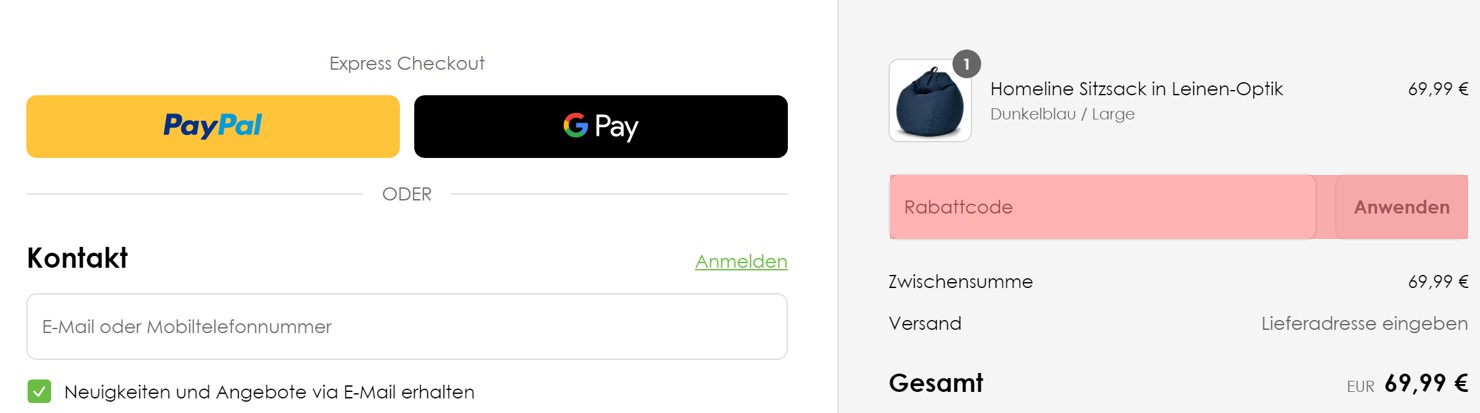 wie ist ein Sitzsack Shop Gutscheincode einzulösen
