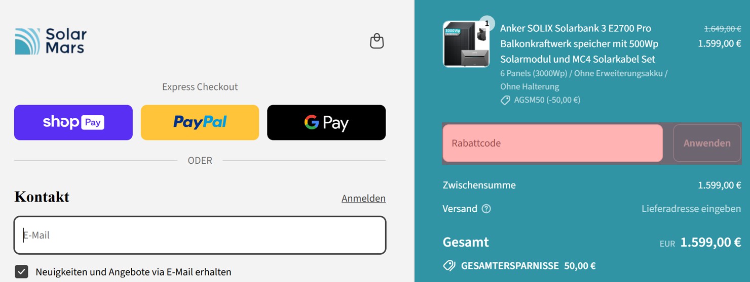 wie ist ein SolarMars Gutscheincode einzulösen