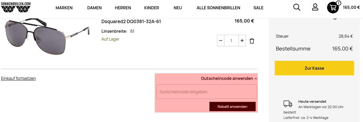 wie ist ein Sonnenbrillen.com Gutscheincode einzulösen