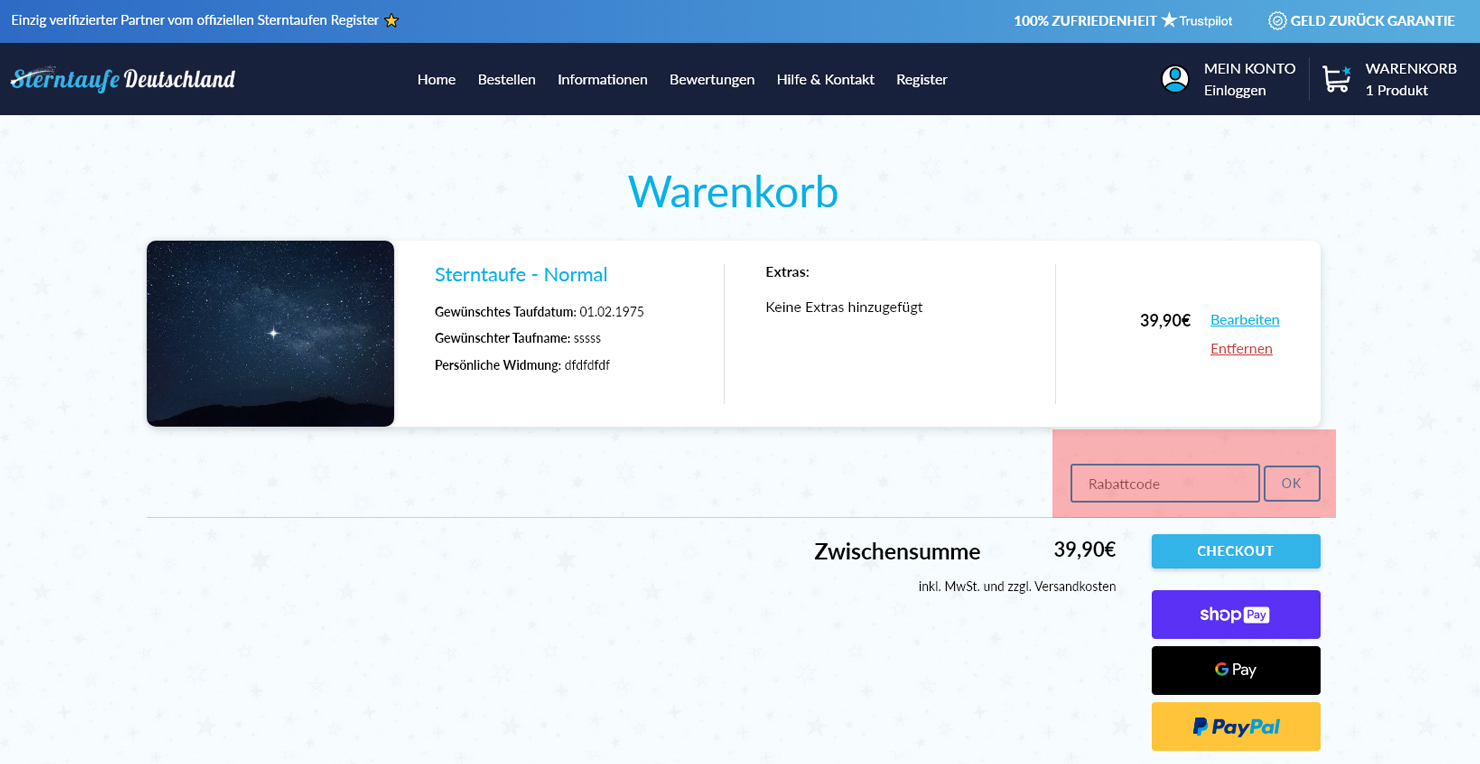 wie ist ein Sterntaufe Deutschland  Gutscheincode einzulösen