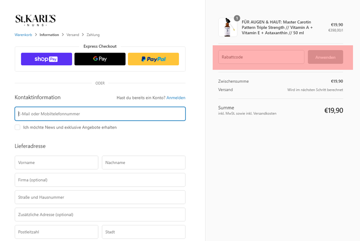 wie ist ein St karls nuns Gutscheincode einzulösen