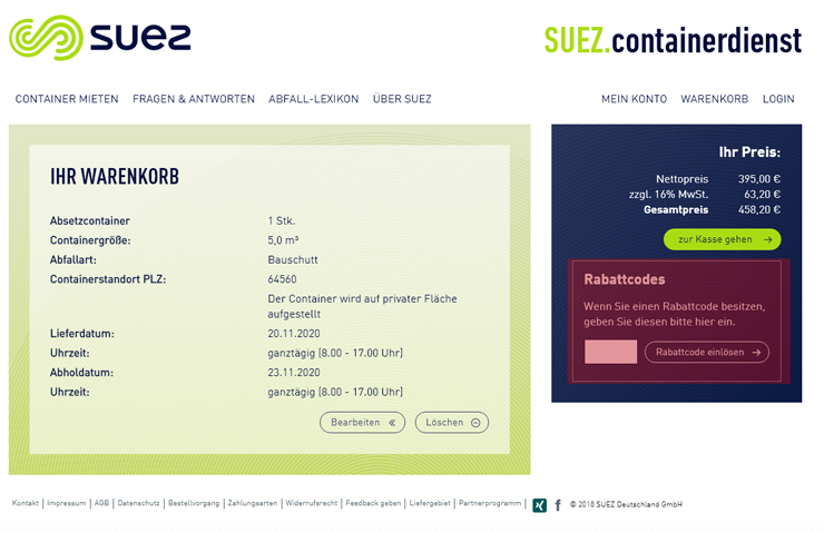wie ist ein SUEZ Containerdienst Gutscheincode einzulösen
