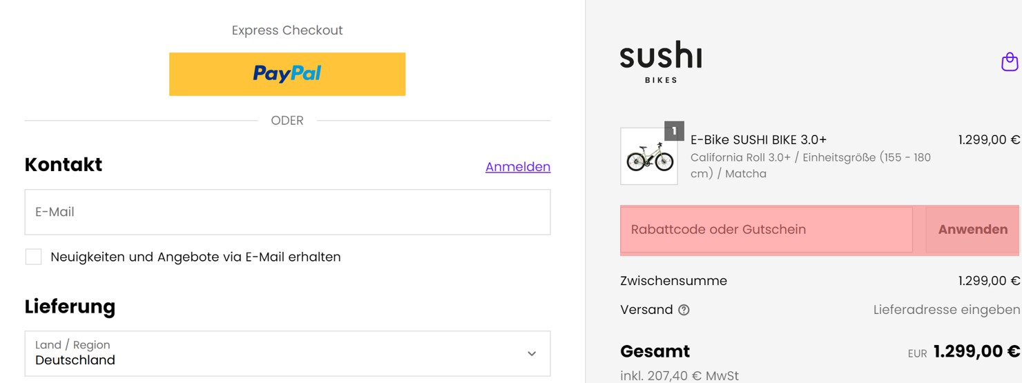 wie ist ein Sushi Bikes Gutscheincode einzulösen