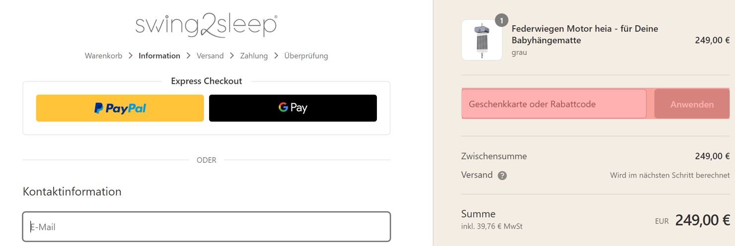 wie ist ein Swing2sleep Gutscheincode einzulösen