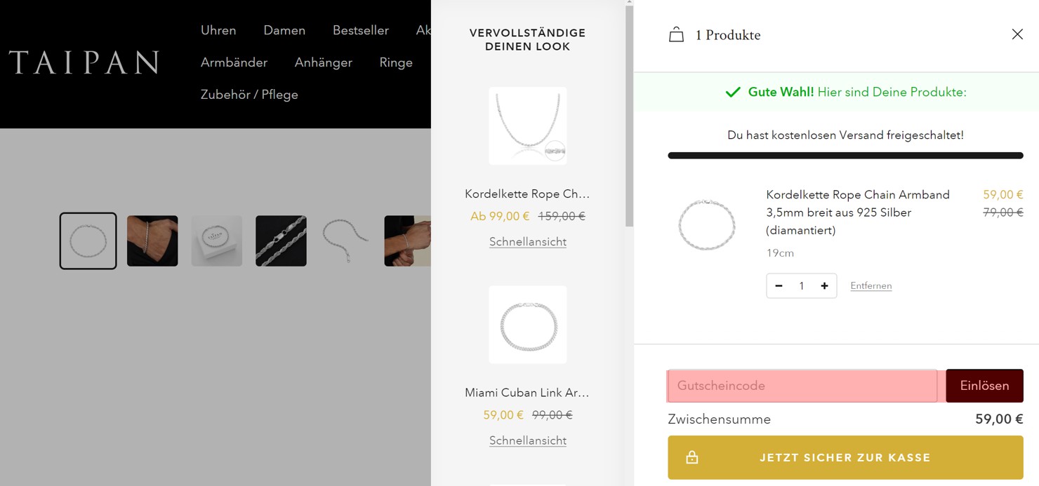 wie ist ein Taipan Schmuck Gutscheincode einzulösen
