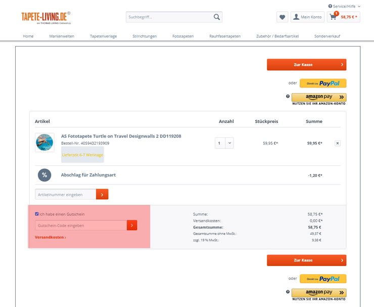 wie ist ein Tapete-Living.de Gutscheincode einzulösen