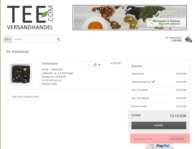 wie ist ein Tee Versandhandel Gutscheincode einzulösen