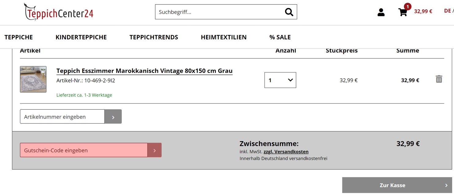 wie ist ein TeppichCenter24 Gutscheincode einzulösen