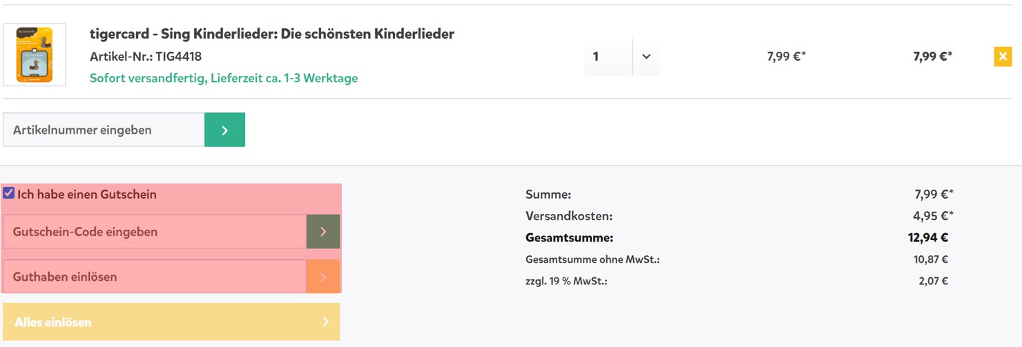 wie ist ein Tigermedia Shop Gutscheincode einzulösen