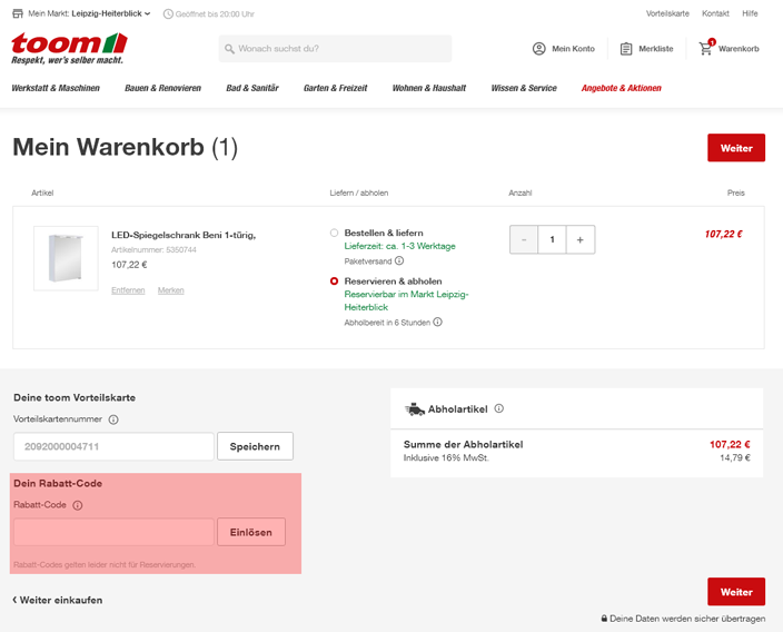 wie ist ein Toom Gutscheincode einzulösen