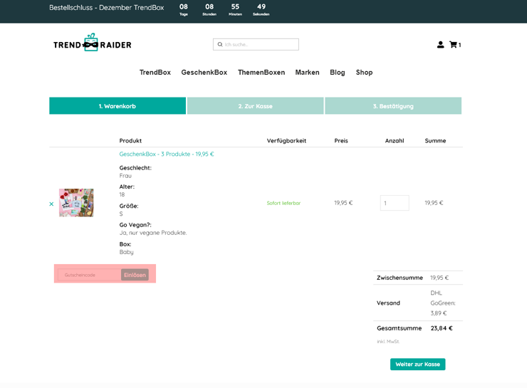 wie ist ein TrendRaider Lifestyle-Box Gutscheincode einzulösen