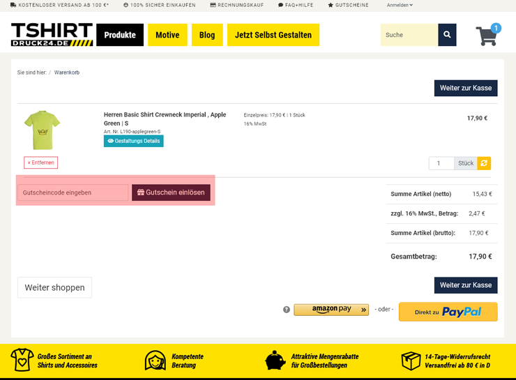 wie ist ein Tshirt-druck24.de Gutscheincode einzulösen
